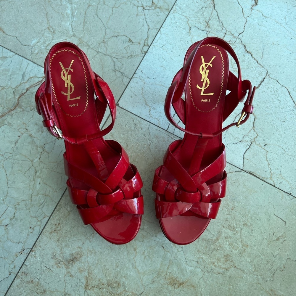 Saint Laurent Red Patent Platform Sandals
